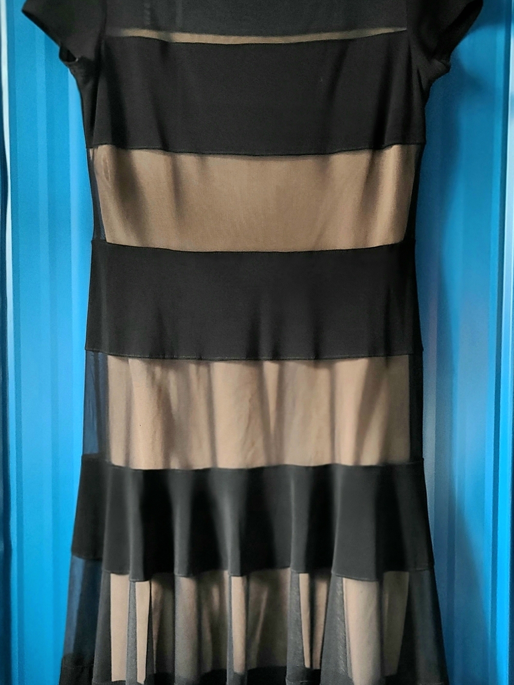 Joseph Ribkoff Black and Beige Tiered Mesh Midi Dress Size 10
